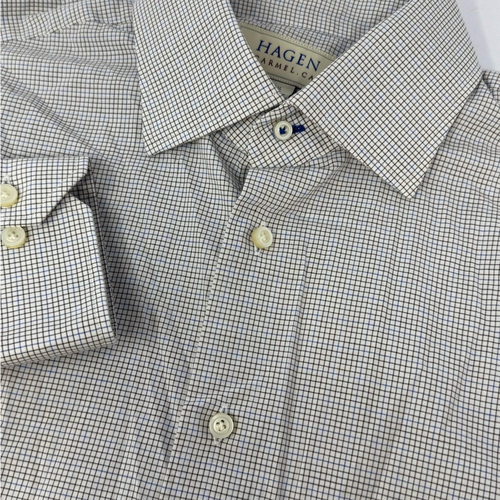 Hagen Carmel Button Dress Shirt Men's 15.5 32/33 Blue & Brown Check Plaid I4